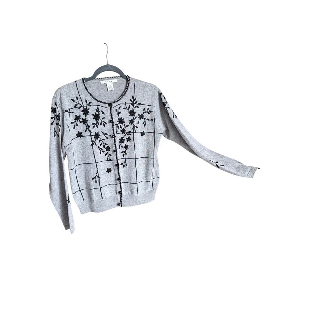 Vintage 90s Lise J. Gray Cotton ramie cardigan sweater cropped beaded medium